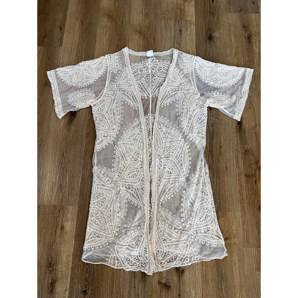 Unbranded Sweaters - Boho Lace Duster Medallion Mesh Kimono Cardigan Women L-XL Cream Sheer Cover Up